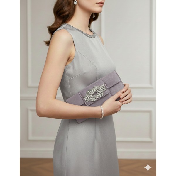 Evening Bag - Satin w/ Rhinestone Knot Accent Charm - BG-90790GY